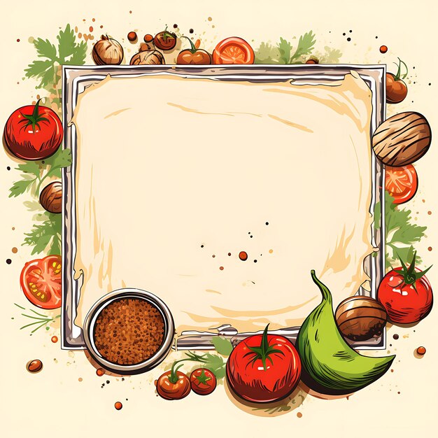 Acquerello di Mashrabiya Frame ispirato con Kofta egiziano Tomato alla griglia Festival Nowruz Clipart