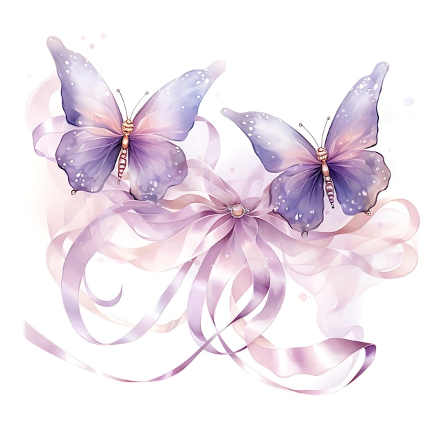 Acquerello di Organza Ribbon Lavender String con ritagli di farfalla e Ir Clipart 2D Flat Strings