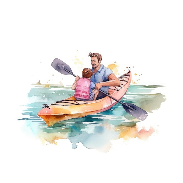 Acquerello di padre e figlio in kayak