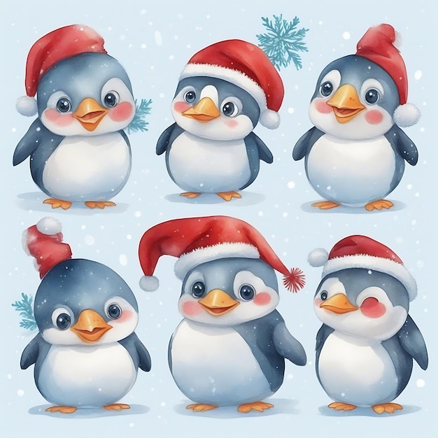 Acquerello di pinguini carini sotto l'albero di Natale