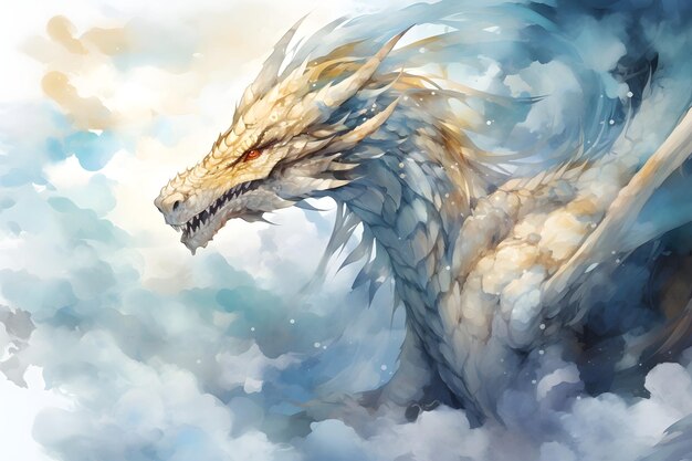 Acquerello di primo piano di un drago giallo blu con occhi rossi sullo sfondo di nuvole bianche pittura d'arte