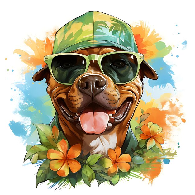 Acquerello di Staffordshire Bull Terrier con cappello da sole camicia hawaiana Patrick Day Clipart