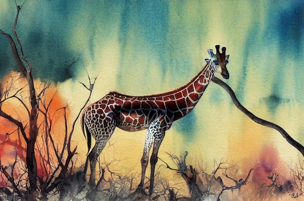 Acquerello di un animale giraffa disegnare a mano acquerello