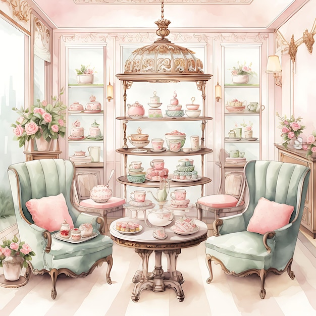 Acquerello di un elegante salone da tè, una stanza con un elegante sfondo bianco con un luogo accogliente