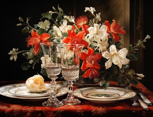 Acquerello di un tavolo con servizi da tè e fiori in un ambiente campestre
