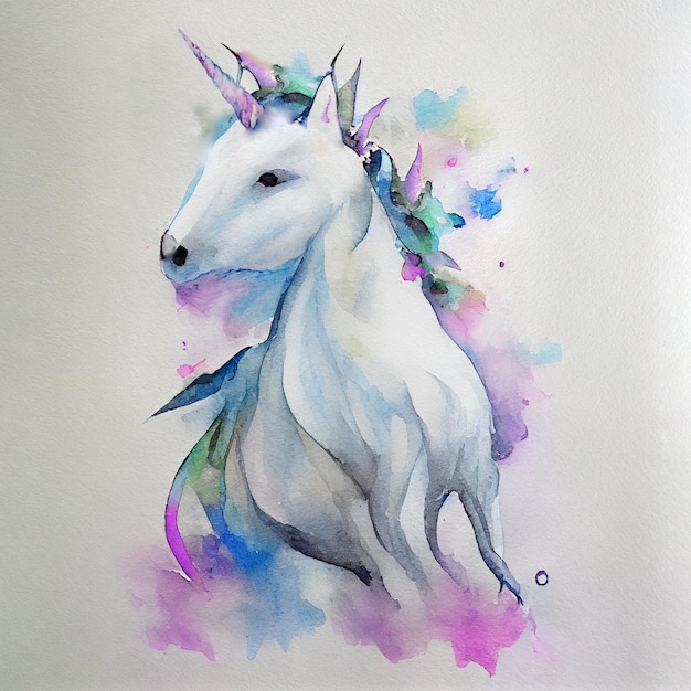 Acquerello di un unicorno. Cavallo bianco con macchie colorate su carta bianca. Immagine dell'unicorno arcobaleno