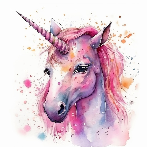 Acquerello di un unicorno con criniera e coda rosa.
