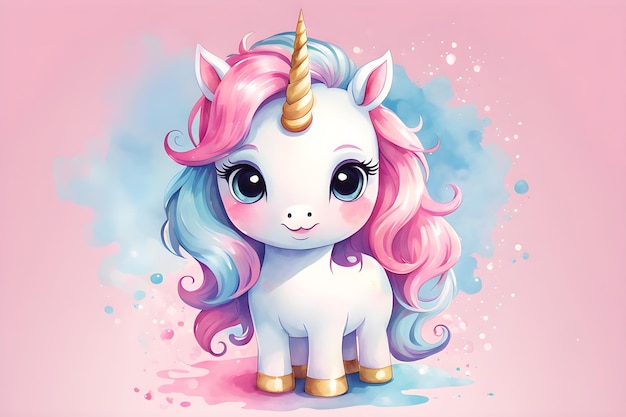 Acquerello di unicorno in colori pastello rosa e blu