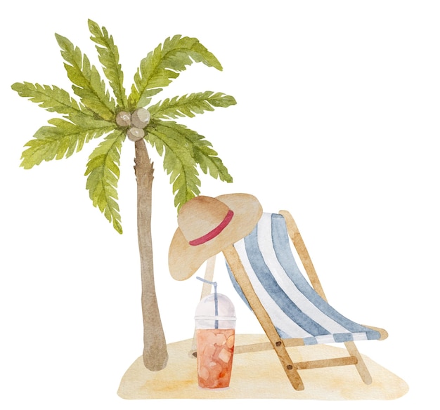 Acquerello dipinto a mano di un albero di palma cocktail e poltrona da spiaggia rende perfetto clipart estivo