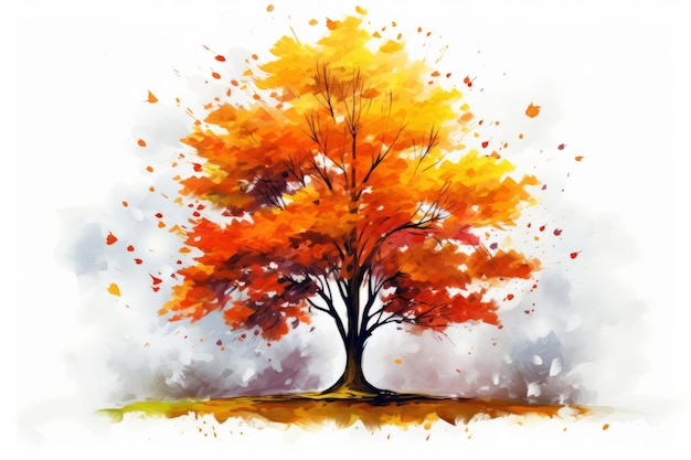 Acquerello dipinto paesaggio colorato autunno solo albero arancione e leggere foglie