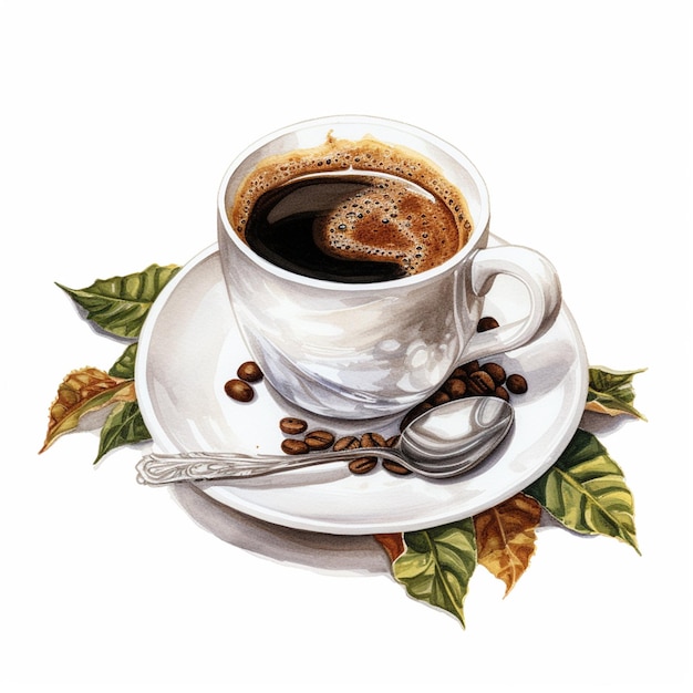 Acquerello disegnato a mano Caffè caldo e ghiacciato Latte Espresso Crema Top Cappuccino su sfondo bianco