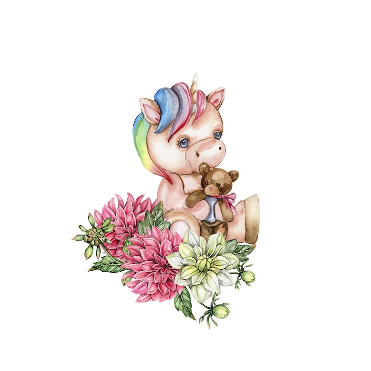 Foto acquerello disegnato a mano carino piccolo bambino unicorno con composizione di fiori di dahlia