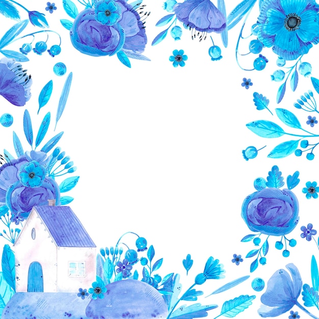 Acquerello disegnato a mano casa blu fiori e foglie telaio boarder isolato su bianco Può essere utilizzato per l'etichetta dell'album di carte banner