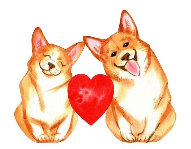 Acquerello disegnato a mano con San Valentino Corgi Buon San Valentino Stock illustrazione con simpatici cani