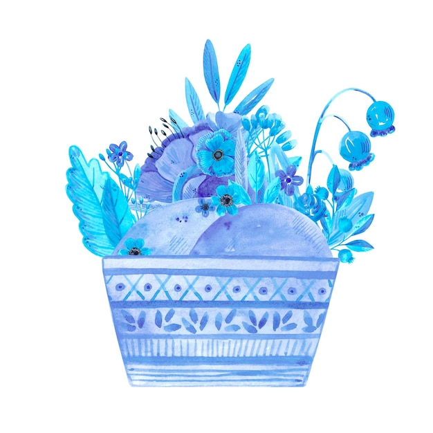 Acquerello disegnato a mano fiori blu e foglie bouquet in cesto isolato su bianco Può essere utilizzato per l'etichetta di inviti di modelli di carte