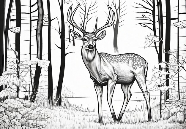 Acquerello Disegno d'arte in linea Cervo con sfondo forestale e fiore