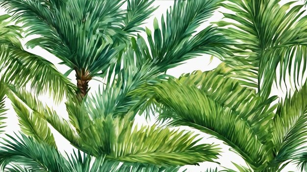 Acquerello disegno senza cuciture di palme esotiche foglie tropicali verdi su sfondo bianco