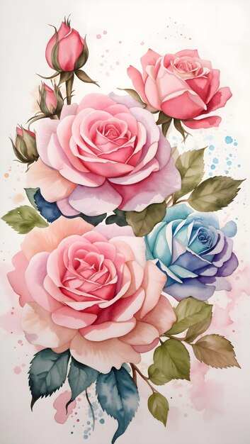 Acquerello e pittura fiorenti rose rosa fiori piante e illustrazioni floreali