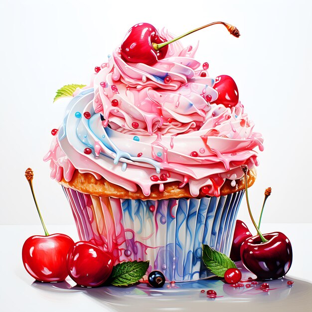 Acquerello e pittura per mirtilli fatti in casa cupcake crema arcobaleno dessert di pittura digitale