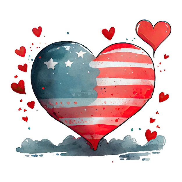 Acquerello felice cuore patriottico carino con amore bandiera americana stampa 4 luglio Independence Day USA