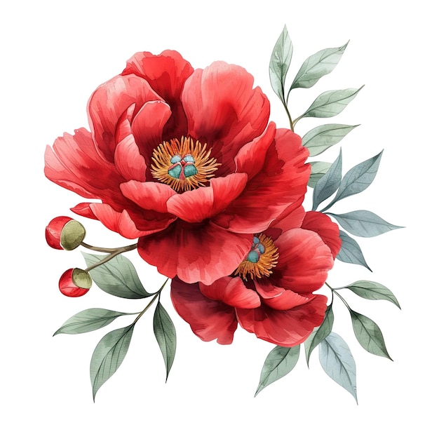 Acquerello fiore peonia fiori e foglie peonie rose acquerello isolate su sfondo bianco set floreale disegno vettoriale per invito matrimonio salvare la data carta vacanza disegno estivo