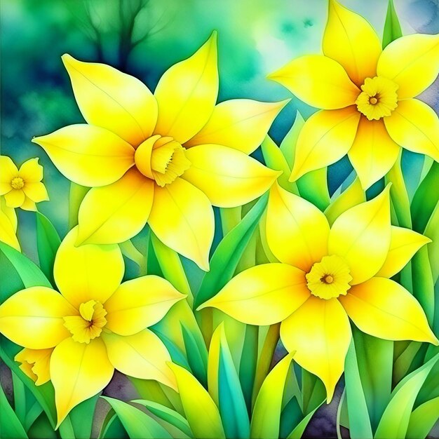Acquerello fiori narcisi illustrazione modello floreale primaverile