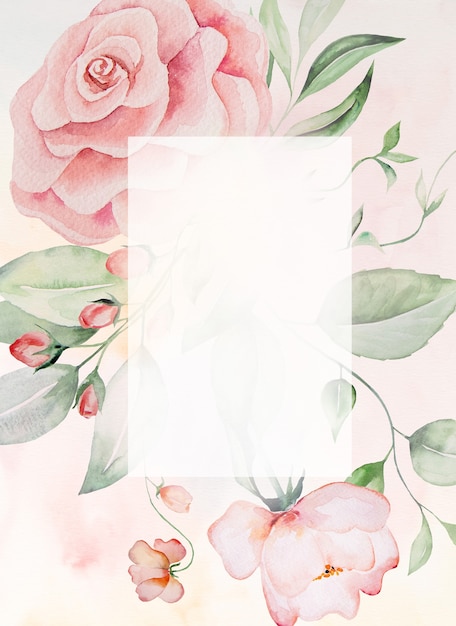 Acquerello fiori rosa e foglie verdi cornice carta, romantica illustrazione pastello con sfondo acquerello. Per matrimonio, auguri, carta da parati, moda, poster