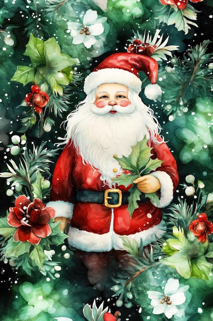 Acquerello Florale Babbo Natale Paperi digitali Sfondi Florali di Babbo natale Inviti di Natale