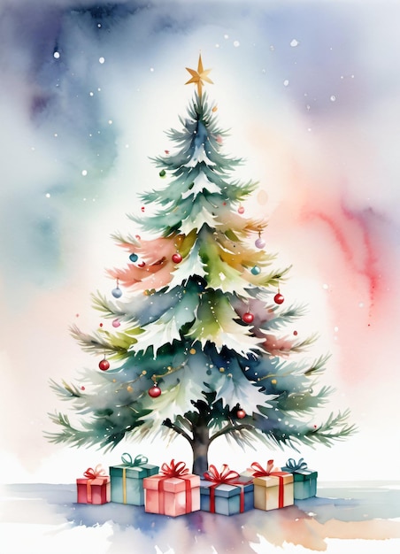 Acquerello fluye dell'albero di Natale o sfondo della carta di auguri