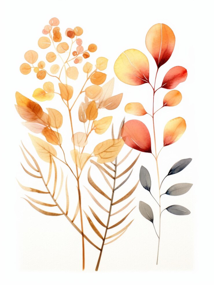 Acquerello foglie d'autunno su uno sfondo bianco Pittura ispirata alla natura di elementi botanici morbidi
