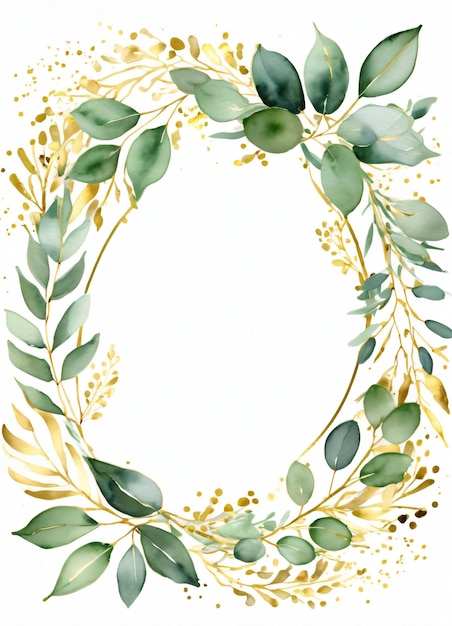Acquerello foglie di eucalipto bordo verde e oro sfondo telaio disegno