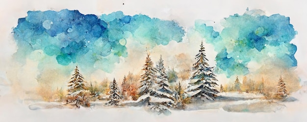 Acquerello foresta illustrazione inverno alberi Natale natura vacanze sfondo neve di conifere paesaggio rurale innevato all'aperto