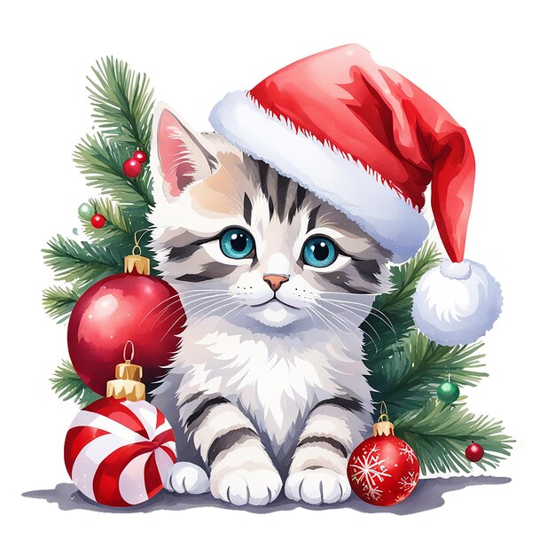 Acquerello gattino di Natale in cappello rosso con giocattoli e regali di Natale adesivo