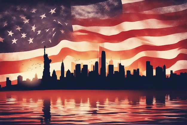 acquerello generato ai Silhouette dello skyline di New York con le Torri Gemelle e la bandiera degli Stati Uniti