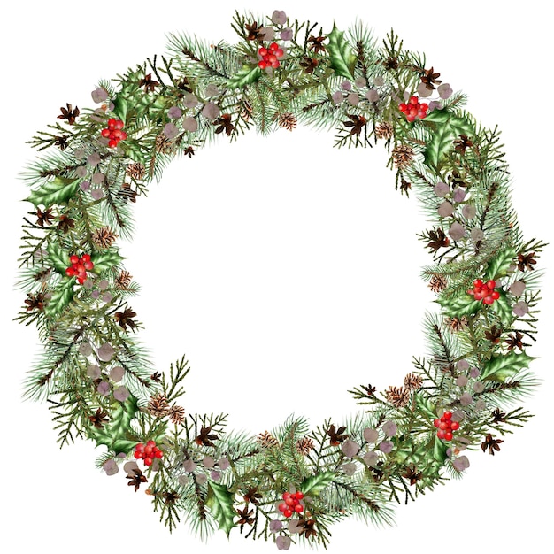 Acquerello ghirlanda festiva di Natale Ghirlanda decorativa d'inverno Disegno di Buon Natale Berry di cornice di rami di pino Disegno decorativo per invito di Capodanno Illustrazione ad acquerello
