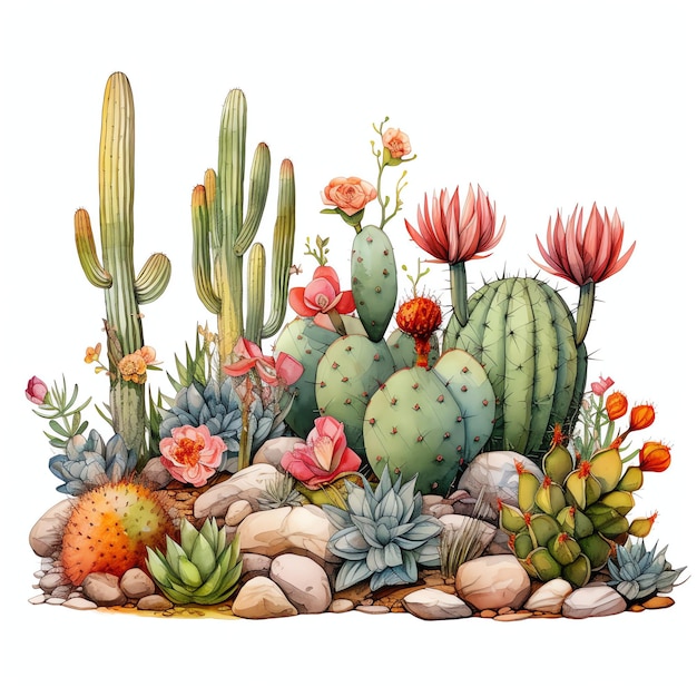 acquerello giardino di cactus western wild west cowboy deserto illustrazione clipart