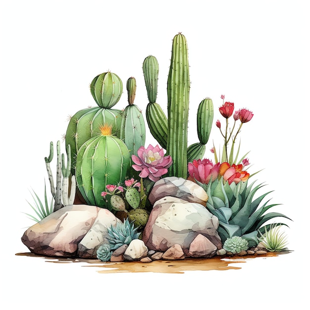 acquerello giardino di cactus western wild west cowboy deserto illustrazione clipart