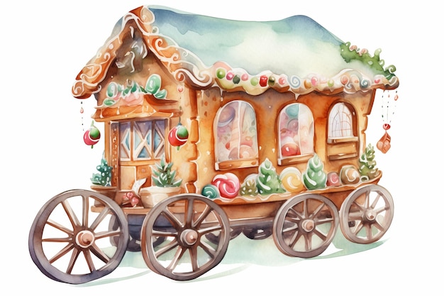 Acquerello Gingerbread Wagon Cookie singolo stile cartoon su sfondo bianco generato dall'IA