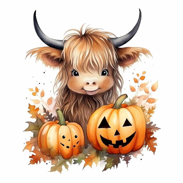 acquerello Halloween baby highland mucca in un cartone animato 3D sorridente