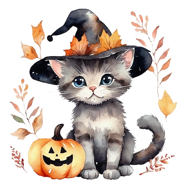 Acquerello Halloween gattino grigio in cappello con zucche