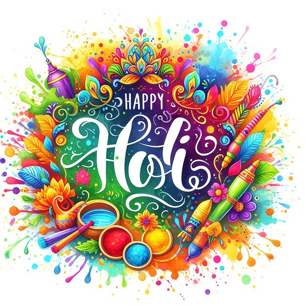 Acquerello Happy Holi Festival Of Colors Illustrazione con testo e modello di sfondo floreale
