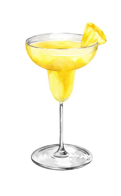 acquerello illustrazione disegnata a mano di un cocktail di ananas con fette di ananas maturo in vetro martini schizzo di frutta tropicale gialla bevanda illustrazione alimentare isolata su sfondo bianco