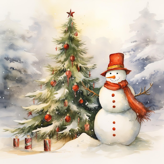Acquerello in stile pupazzo di neve e albero di Natale