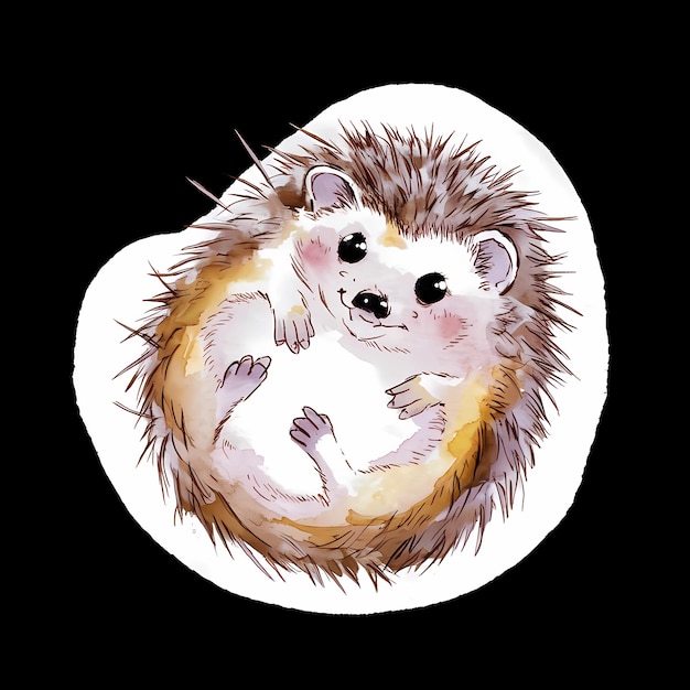 Acquerello kawaii piccolo riccio astratto con occhi grandi illustrazione di sfondo bianco
