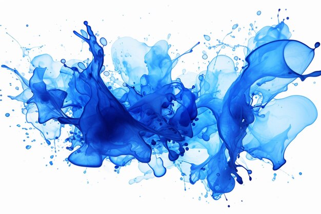 Acquerello liquido spruzzi blu su sfondo bianco