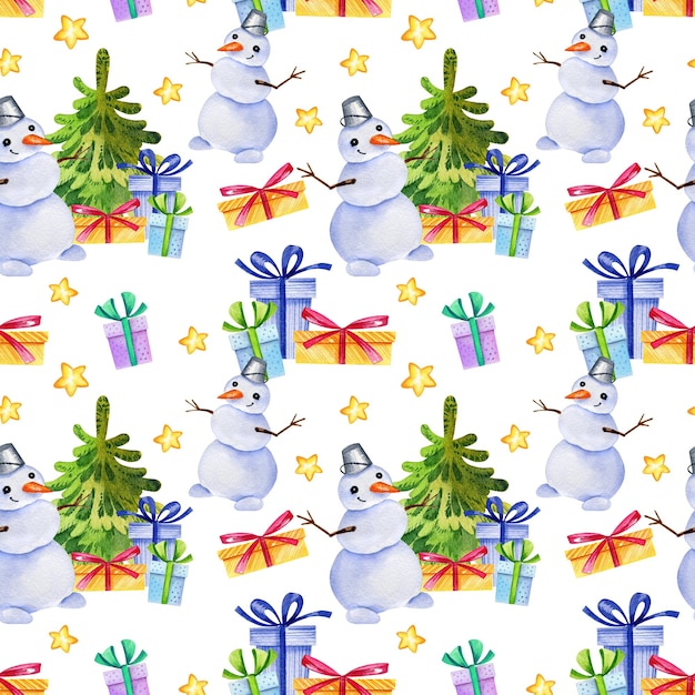 Acquerello modello senza cuciture di tema natalizio con un albero di Natale regali pupazzi di neve e stelle