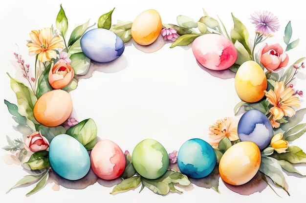 Acquerello multicolore cornice di uova di Pasqua con fiori primaverili carta di Pascua con uno spazio per il testo sfondo rustico di Pasqua generato dall'IA