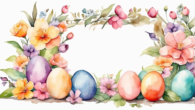 Acquerello multicolore cornice di uova di Pasqua con fiori primaverili carta di Pascua con uno spazio per il testo sfondo rustico di Pasqua generato dall'IA