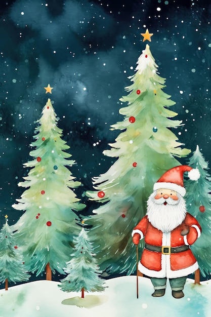 Acquerello Natale Babbo Natale Carta digitale Albero di Natale Sfondio Cartella di inviti di Natale