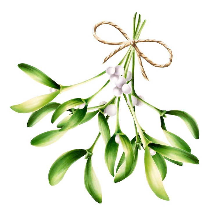 Foto acquerello natalizio verde vischio con arco di filo anno nuovo illustrazione botanica del simbolo del bacio